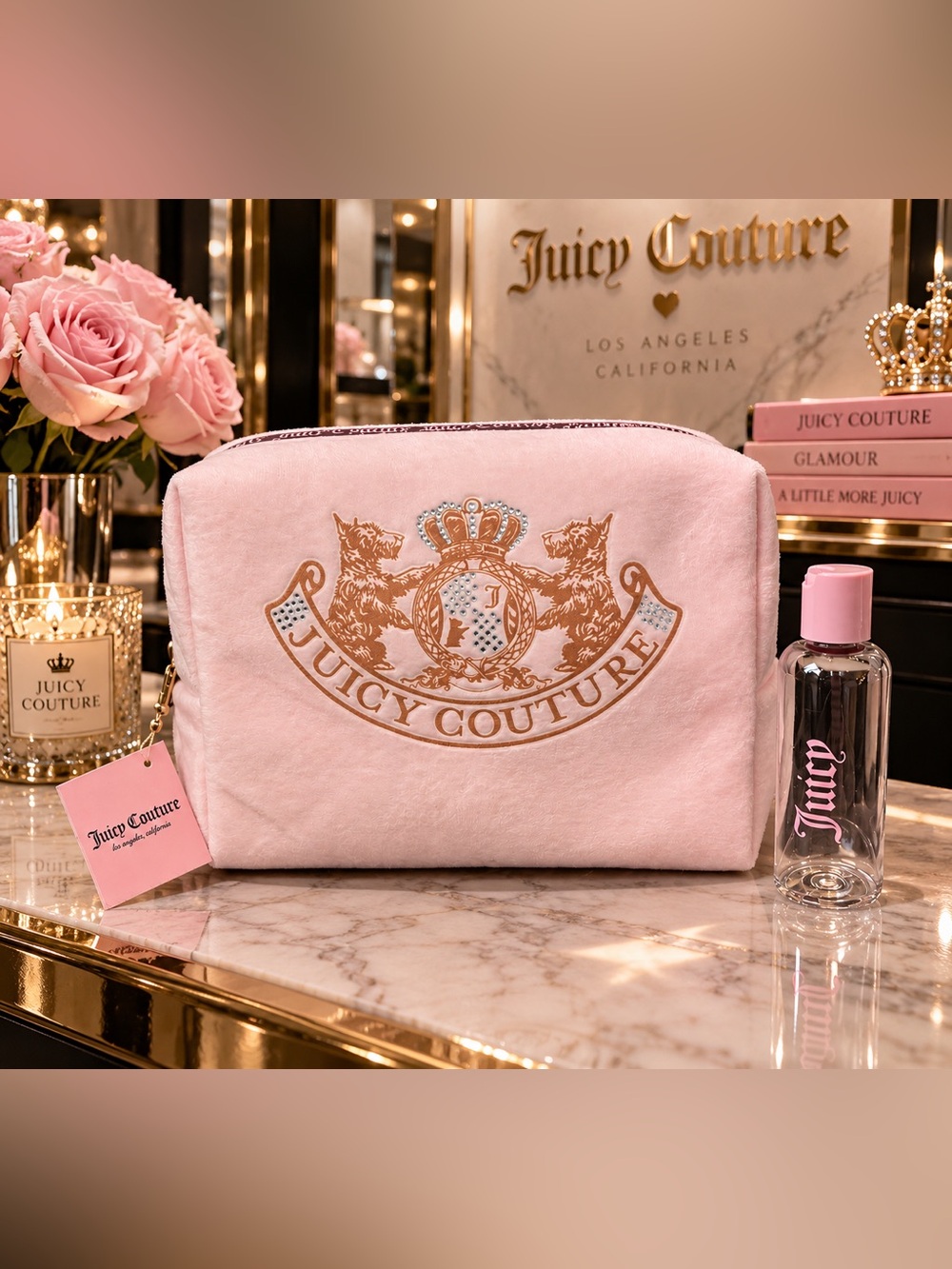 Juicy Couture Pink Velour Cosmetic Toiletry Bag w/Travel Bottle Rhinestone Crest